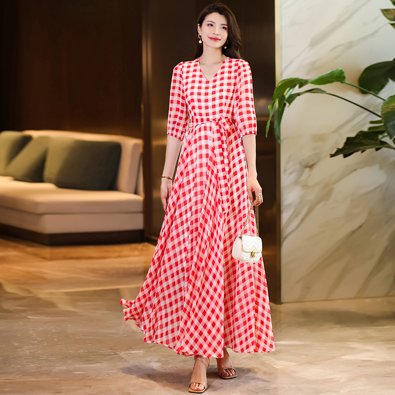 简约风红色格子法式收腰连衣裙时尚优雅气质显瘦洋气到脚踝长裙女