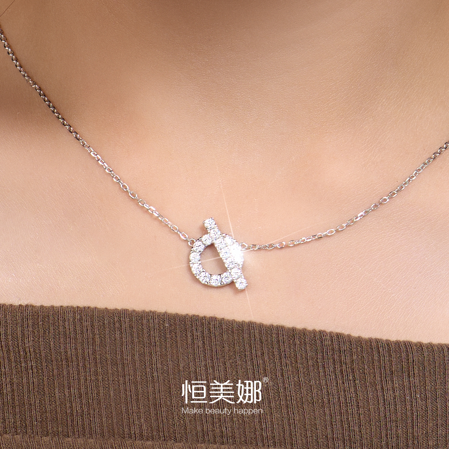 恒美娜 坠链均925银莫桑石 小Q幸运项链简约百搭小众满钻吊坠女