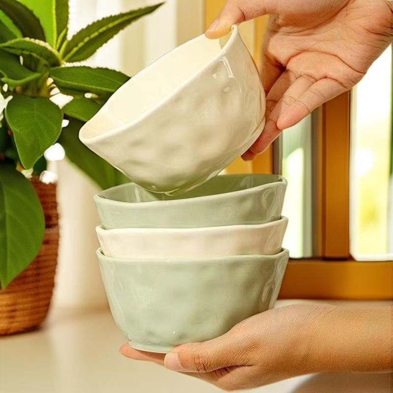 瓷县令【4个装】4.7英寸奶油风米饭碗加厚石纹陶瓷碗 釉下彩工艺