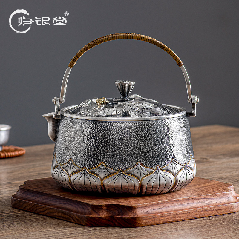 归银堂足银999荷塘美景煮水壶烧水壶手工茶壶茶具GS-HCH210404