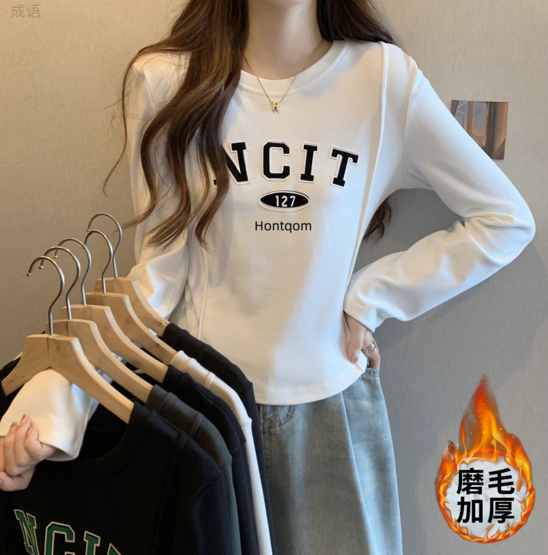 别致圆弧形短款T恤女长袖秋冬装内搭加厚磨毛德绒印花打底衫上瞬