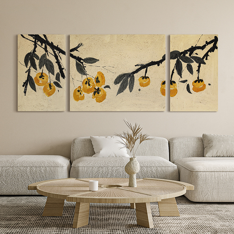 忒派柿柿如意客厅装饰画日式侘寂风沙发背景墙挂画高级感三联画