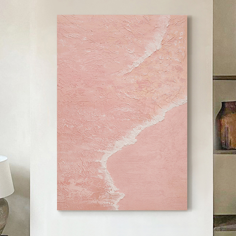 忒派浪漫粉色海景手绘油画《玫瑰海岸》沙发背景装饰画温馨主卧挂画