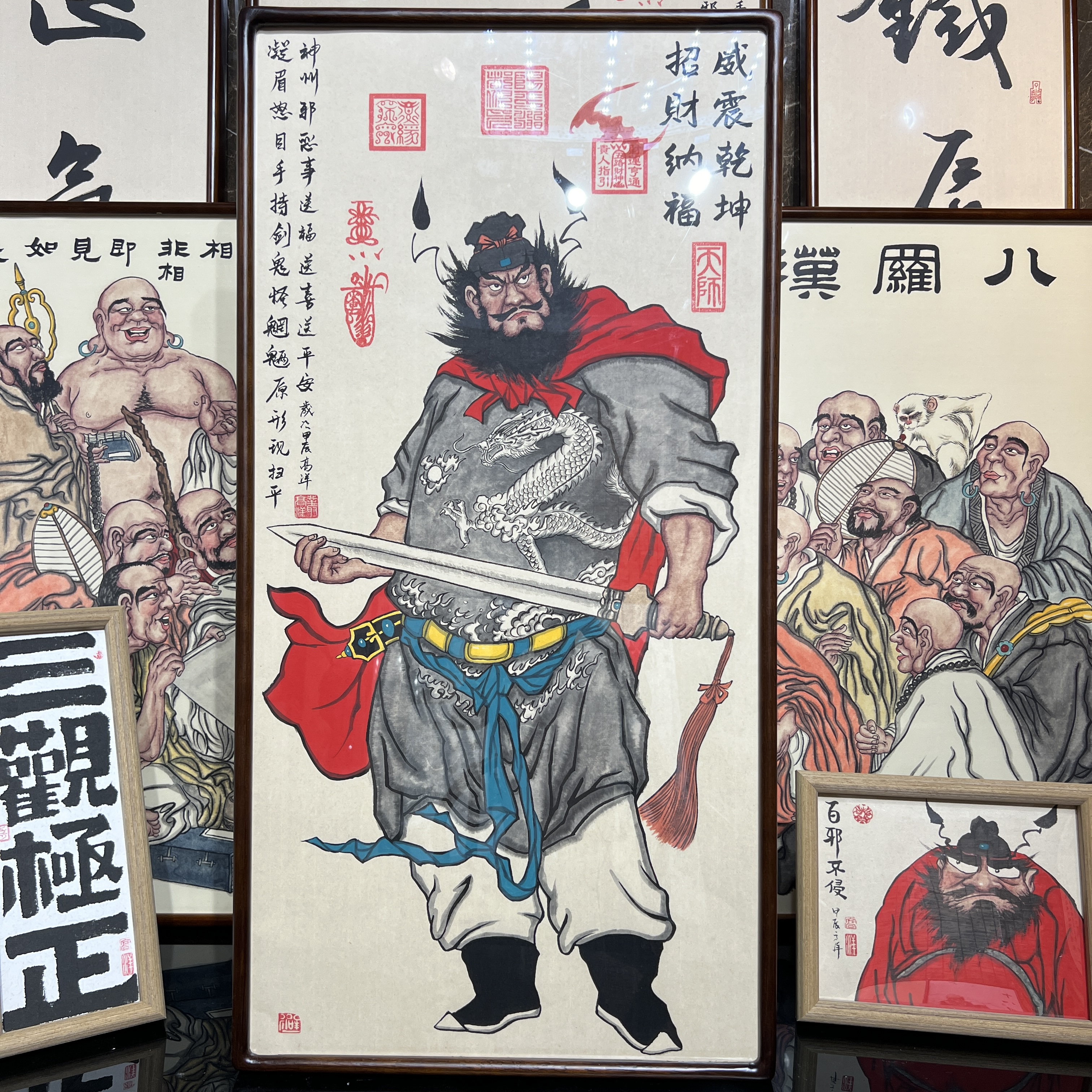 纯手绘国画朱砂正品原稿钟馗招财纳福威震乾坤图茶室客厅实木框