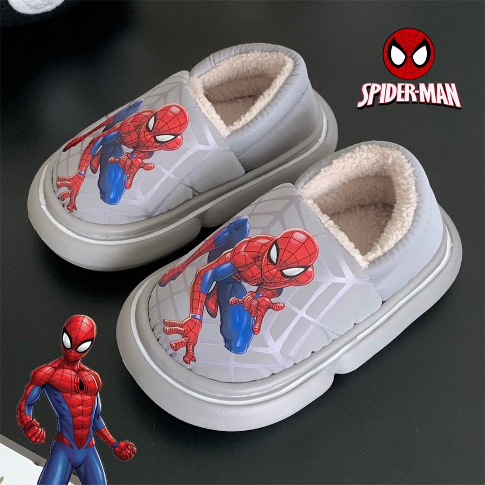 细细条 潮酷卡通正版蜘蛛侠棉拖鞋冬季保暖防滑加绒包跟居家鞋男