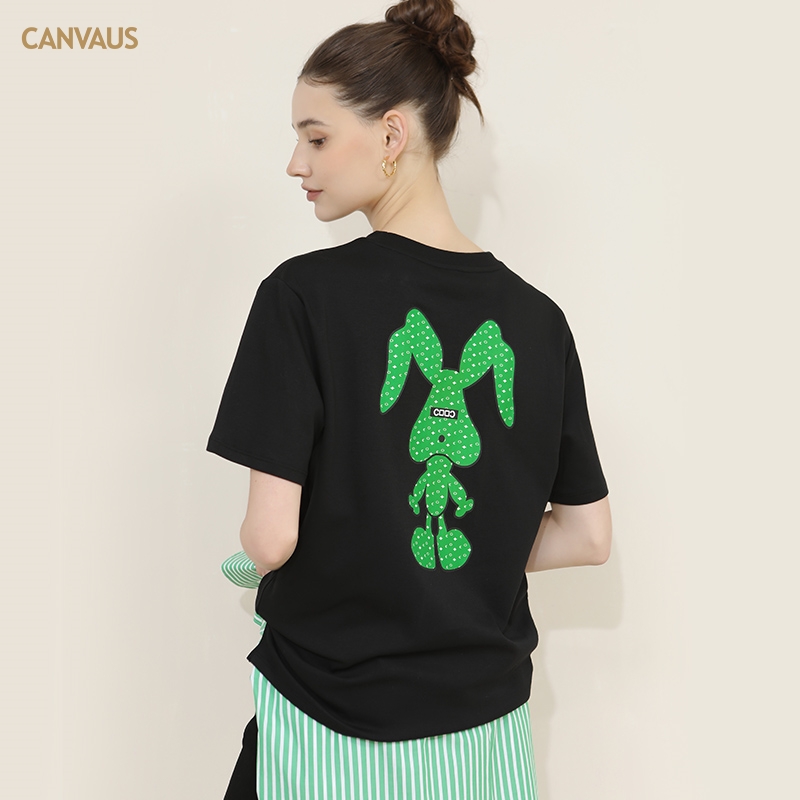 CANVAUS圆领兔子印花T恤女落肩短袖宽松黑色夏季棉质卡通女装上衣
