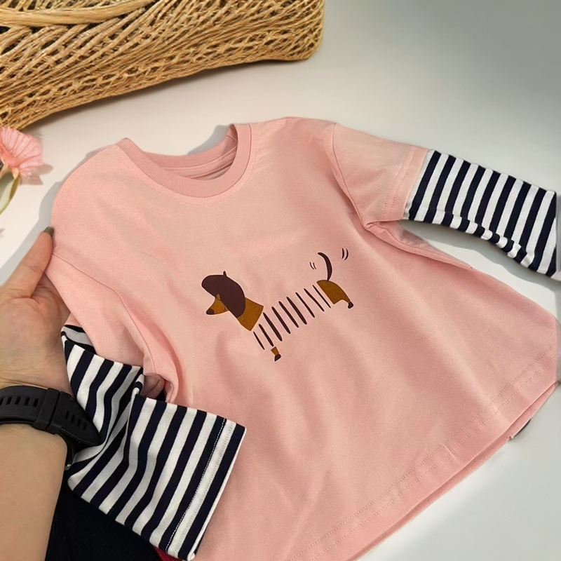 【舒柔棉粉色小狗】WD143秋季萌娃省心穿搭纯棉韩版圆领长袖拼色衣