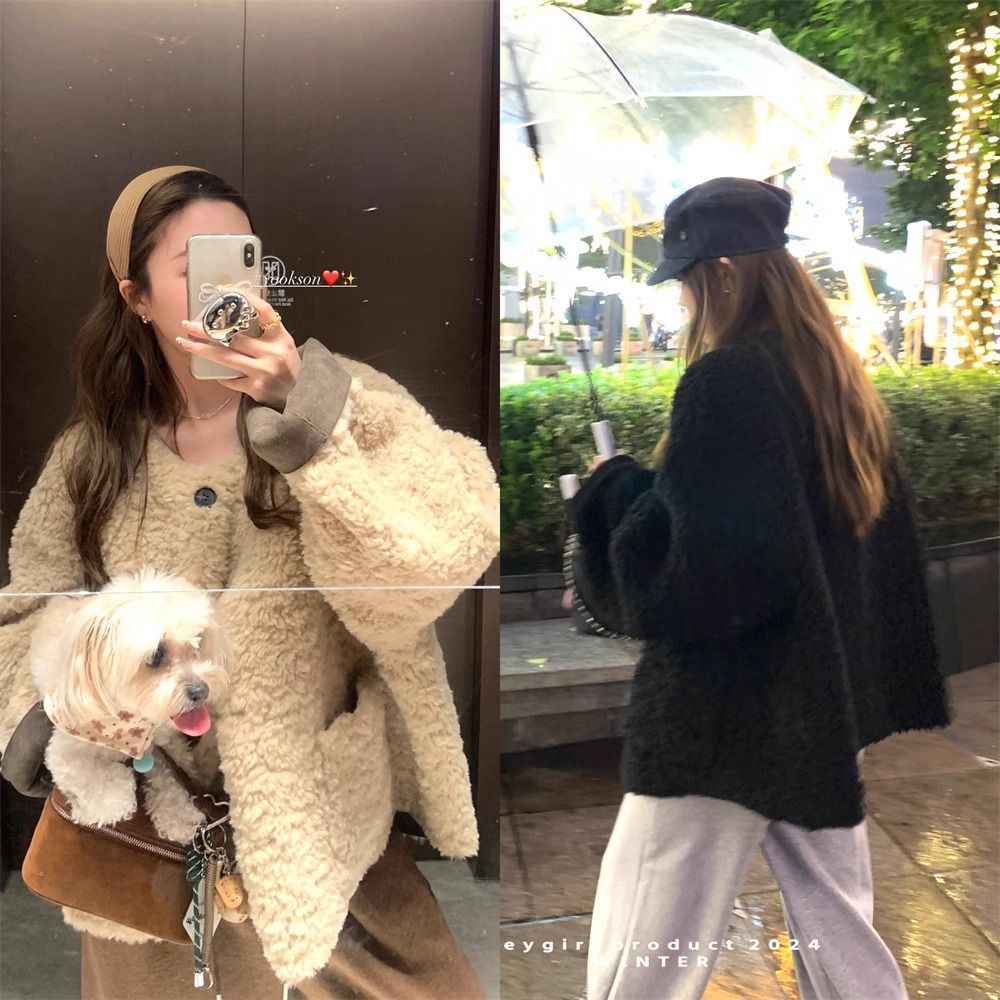 仿羊羔毛圆领长袖外套2025秋冬韩系宽松减龄保暖