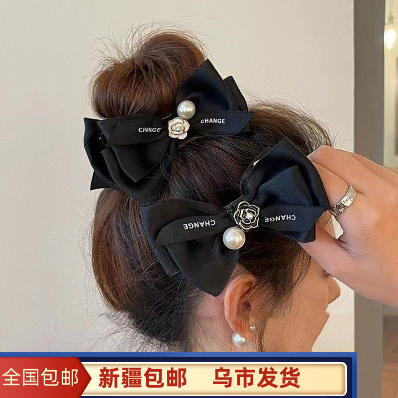 新疆包邮山茶花蝴蝶结发夹复古精致可爱优雅丸子头后脑勺发饰百搭