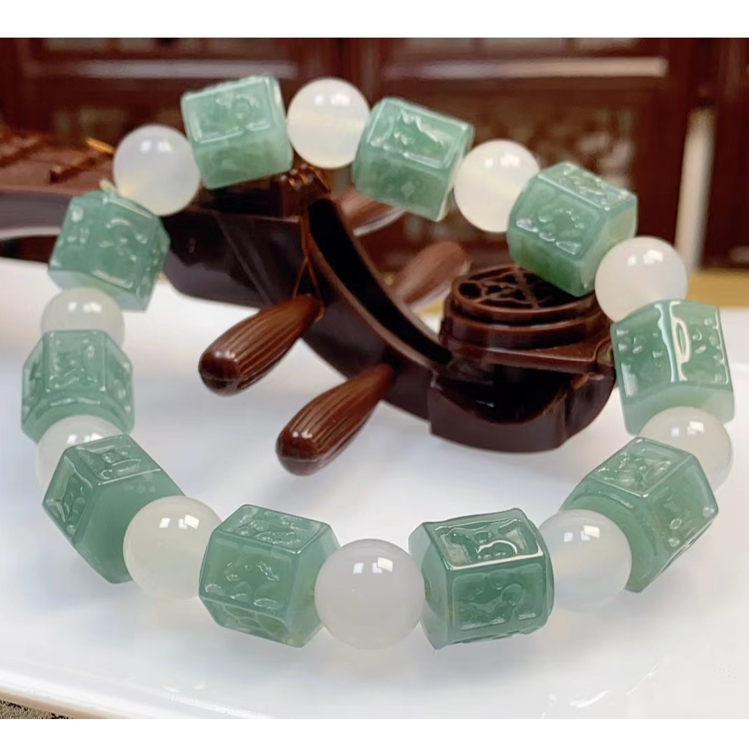 天然翡翠A货古法桶珠手串男士手串蓝水古法手串男士手串大卡手串