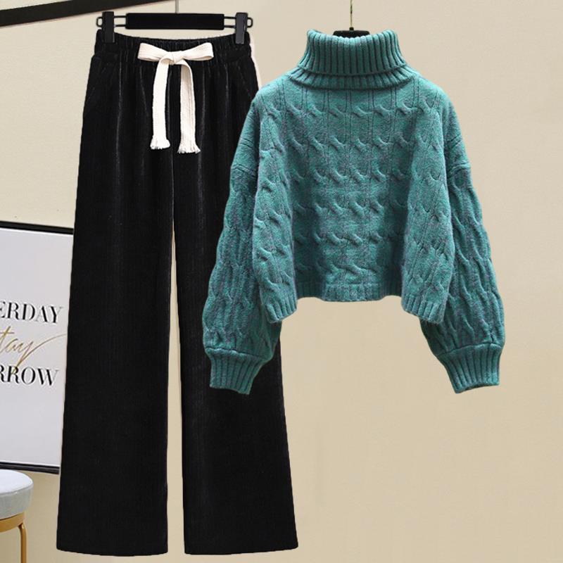 秋冬慵懒风减龄套装女新款高领麻花套头针织毛衣高腰灯芯绒阔腿裤