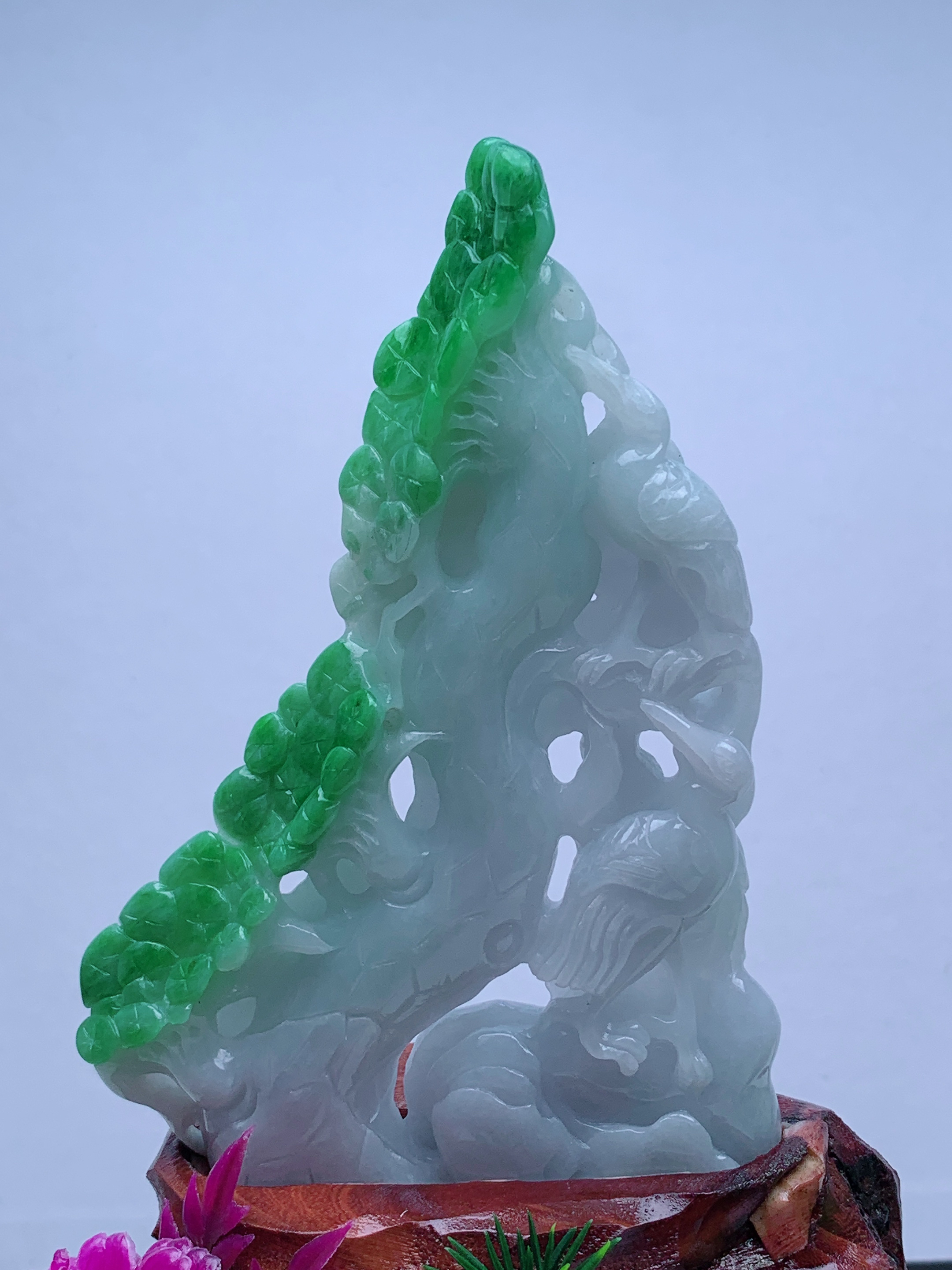 天然翡翠A货老坑飘绿延年益寿摆件