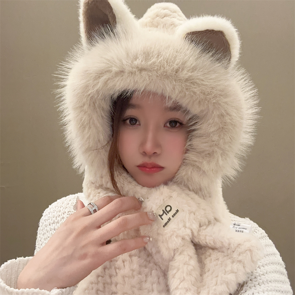 可爱猫咪耳朵毛绒护耳帽子女冬天保暖围巾一体两件套骑车雷锋C178