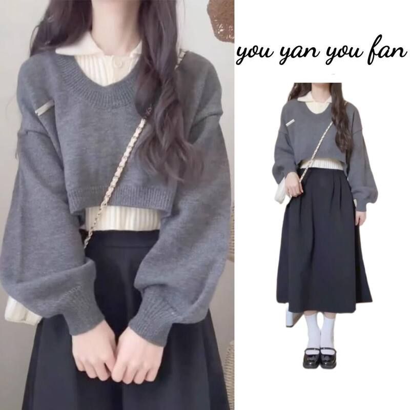 早秋搭配一整套韩剧穿搭时尚百搭针织衫小个子学院风三件套装裙女