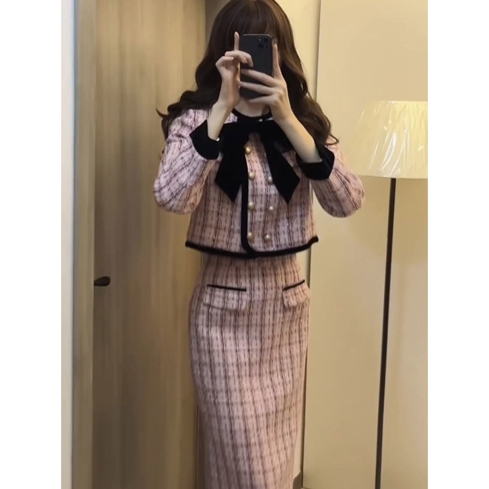 时尚名媛套装女2023秋冬新款小香风减龄撞色外套半身裙约会两件套