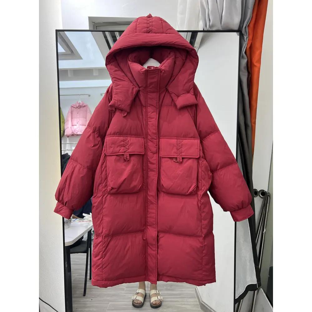 2023年韩版反季新款羽绒服女中长款连帽白鸭绒过膝加厚宽松