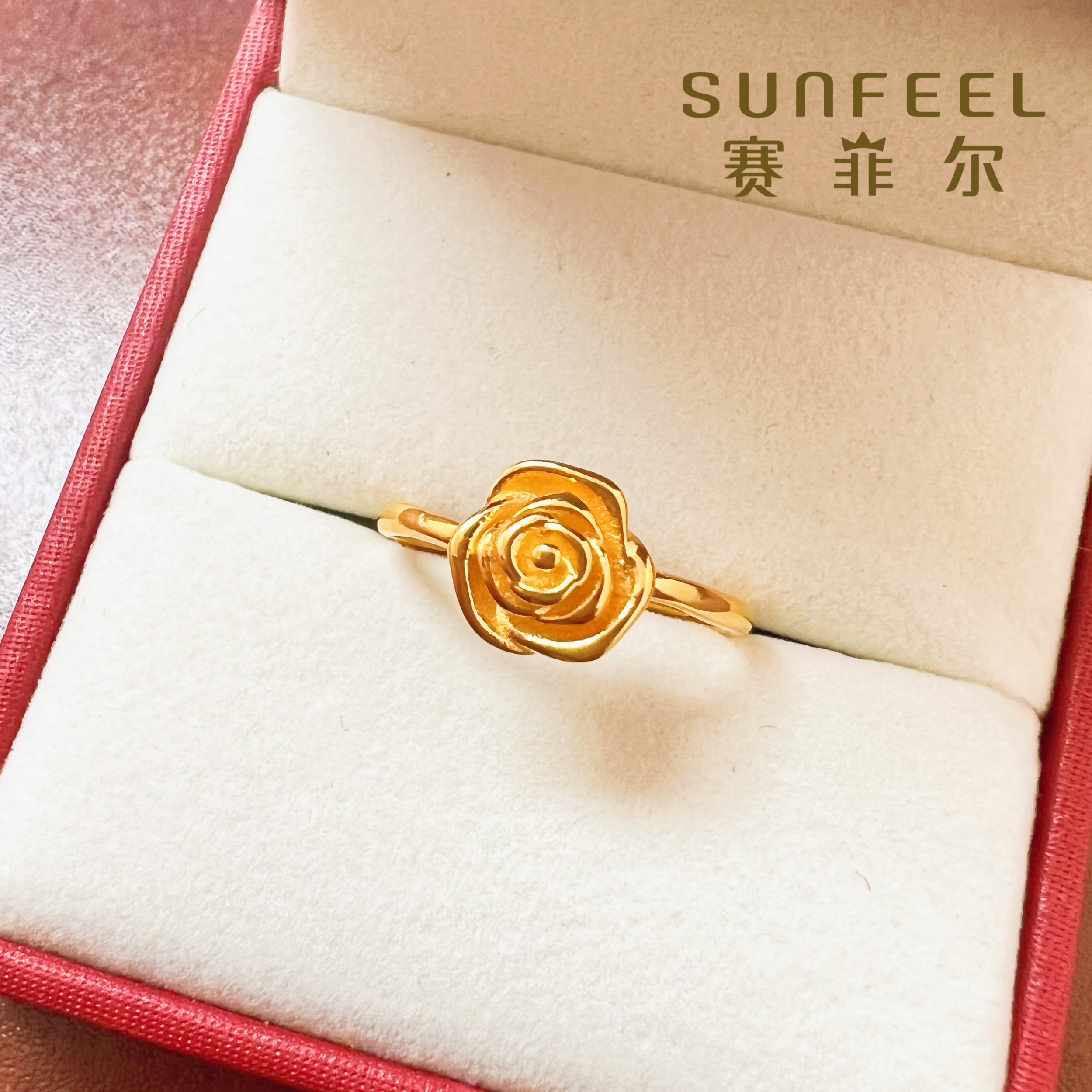 SUNFEEL/赛菲尔足金999.9时尚浪漫拉丝玫瑰花黄金戒指JZ089