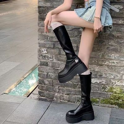 欧美风不过膝长筒靴厚底靴子女弹力瘦瘦靴增高筒骑士辣妹长靴显瘦