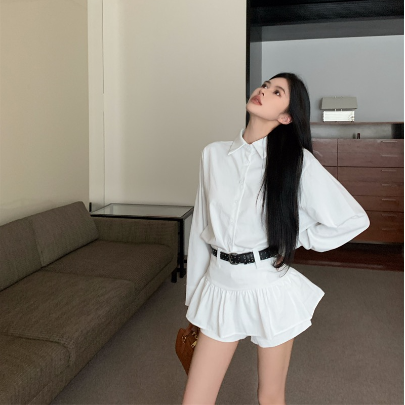 【宋正恩】白色宽松排扣翻领长袖衬衫女早秋高腰防走光裙裤两件套装