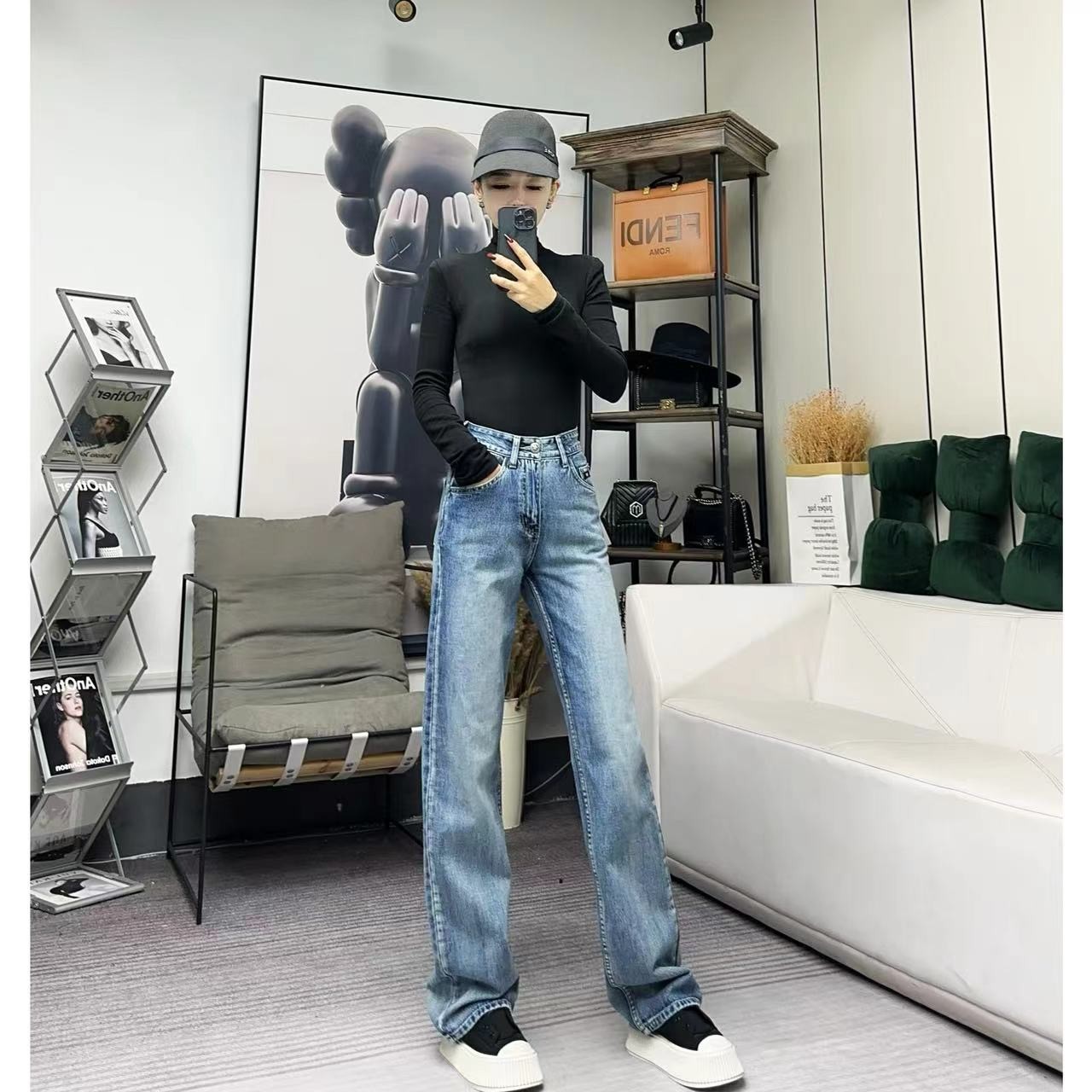 柒柒「音符跳动」时尚蓝色高腰拖地显瘦擦药直筒牛仔裤 KL0231百搭