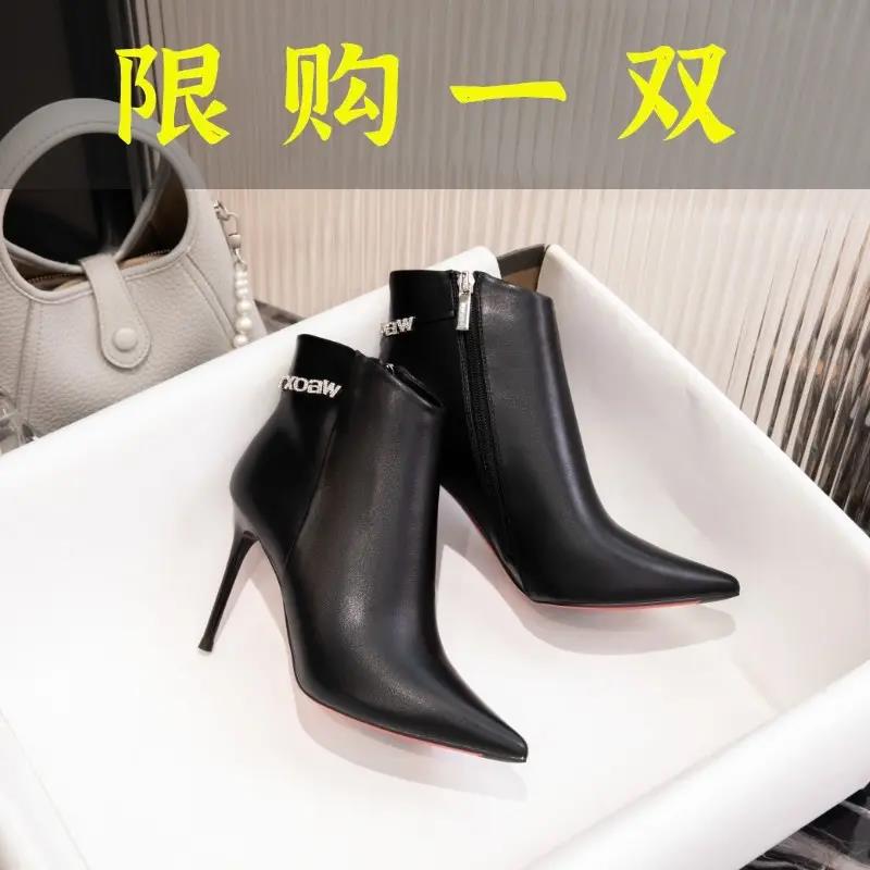 红蜻蜓牌时尚2023秋冬新款尖头短靴水钻细跟百搭气质踝靴冬季
