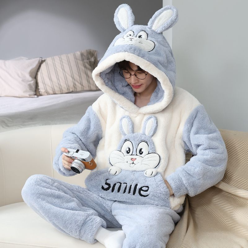 珊瑚睡衣冬季男士秋冬季加厚加绒法兰绒青少年保暖卡通家居服套装