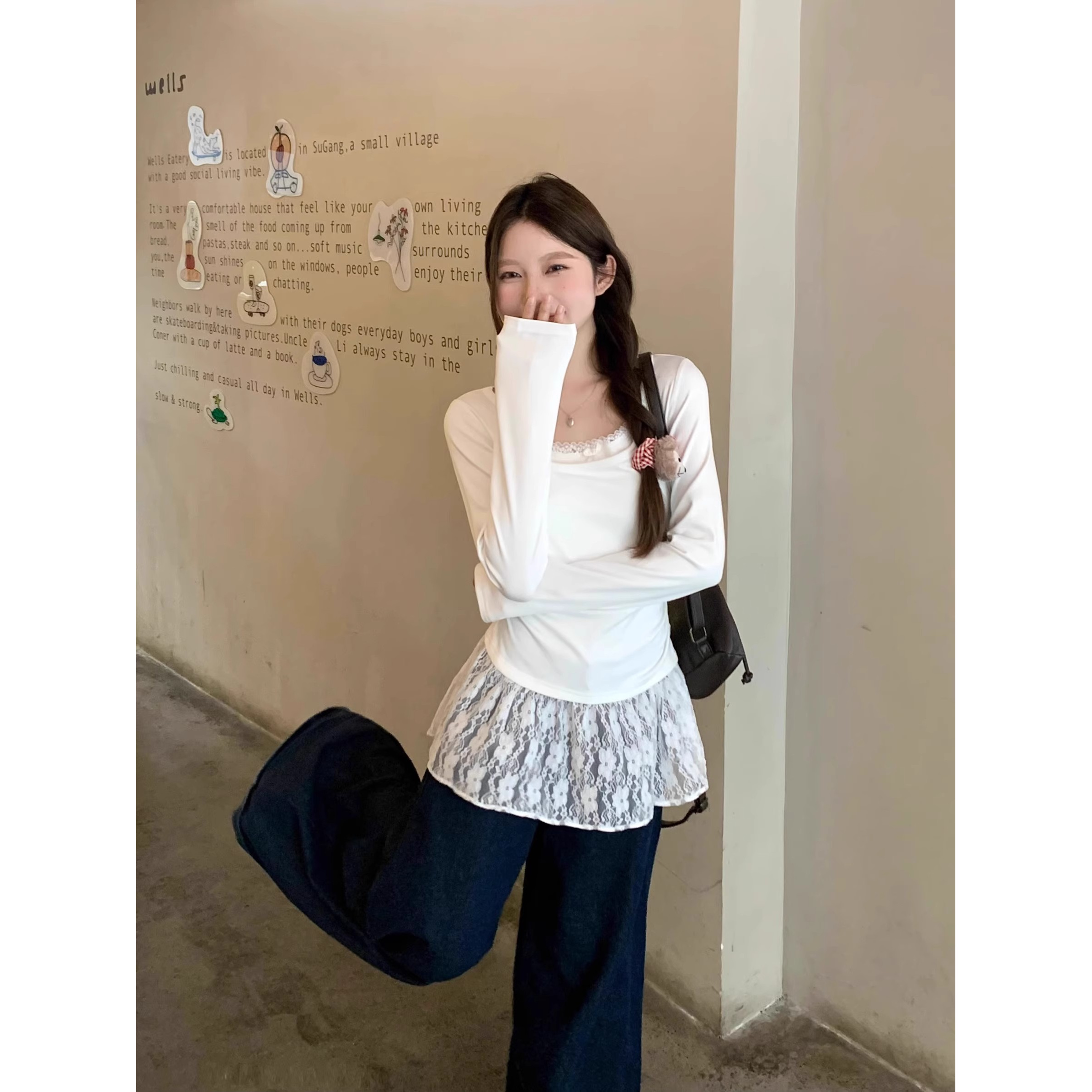 纯欲芭蕾风假两件蕾丝挂脖长袖T恤女秋冬修身显瘦内搭打底衫上衣