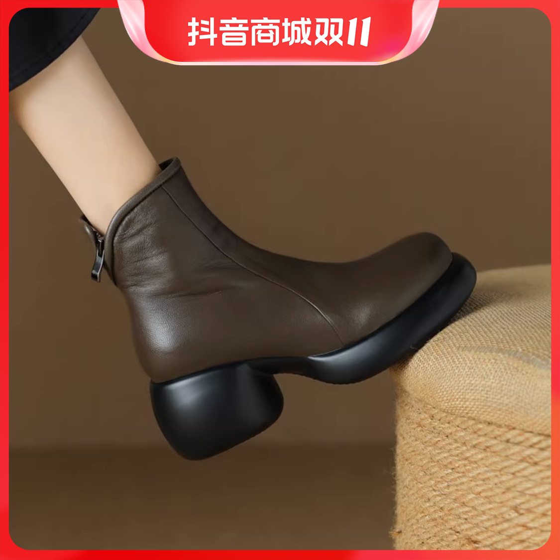 红蜻蜓牌2023年冬季新款真皮厚底英伦风马丁靴女粗跟松糕底卡其色