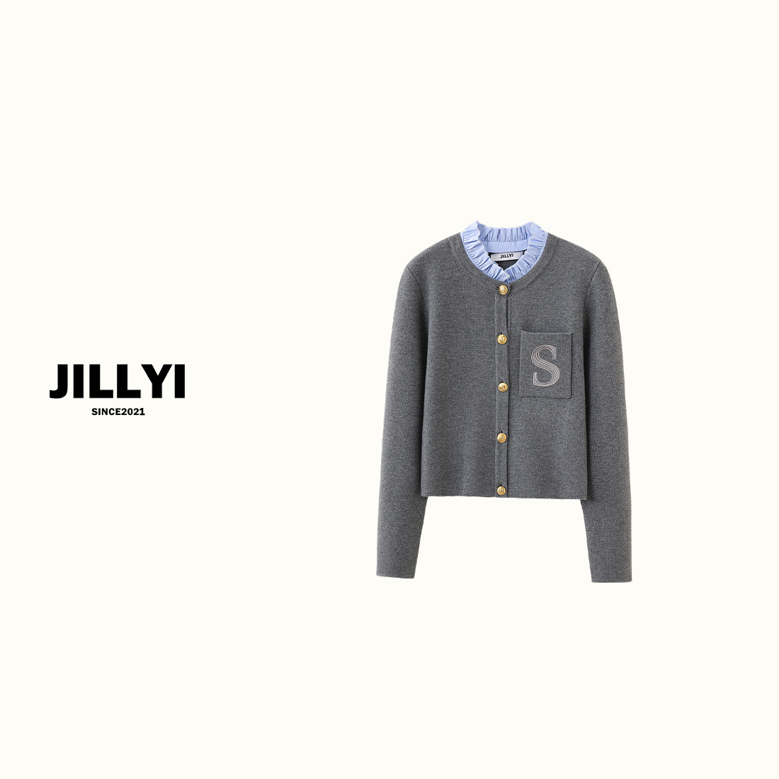 JILLYI【浅冬雪山】秋季气质时尚设计师蓝灰拼接荷叶褶皱针织开衫