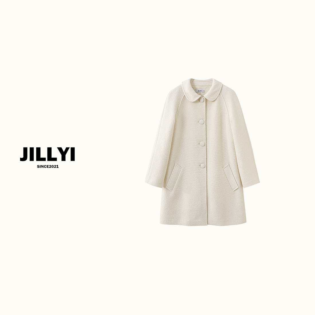 JILLYI南山店【白玉月光】白色元宝领毛呢长款外套小香风气质