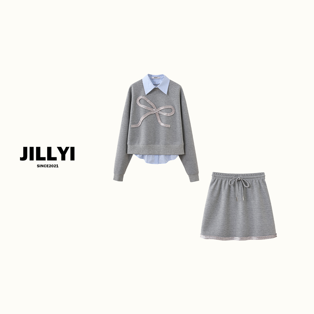 JILLYI【蝴蝶卡片】秋冬款套装时尚气质灰色假两件上衣+灰色半裙女