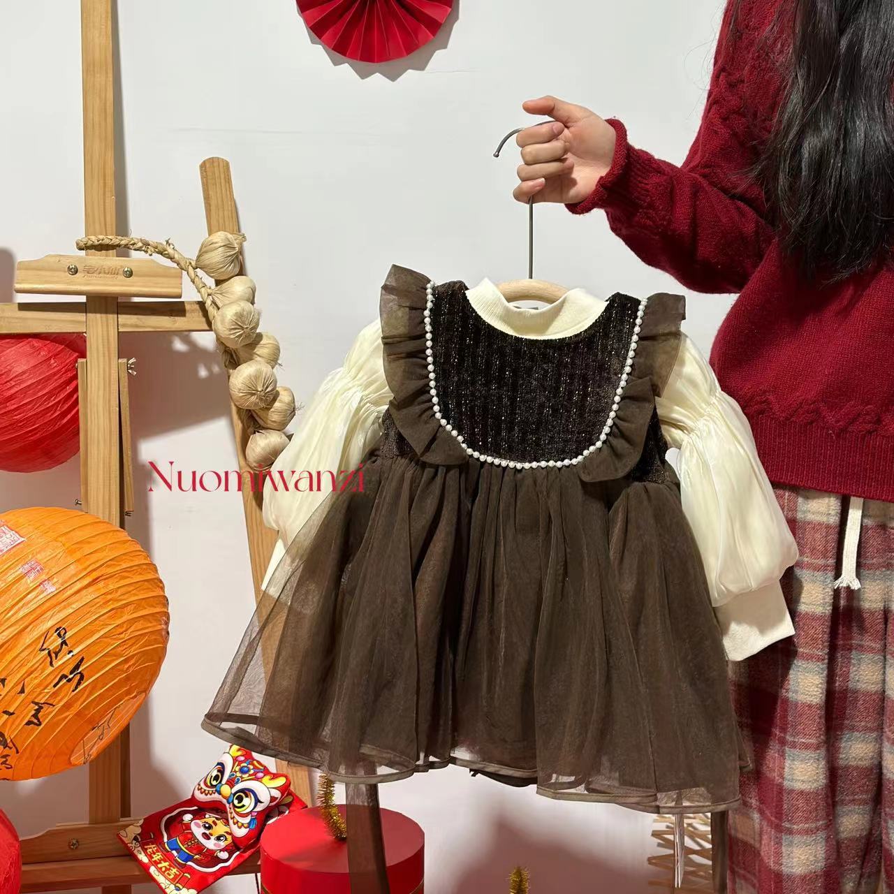 TX-3195- 儿童国风百搭蕾丝珍珠连衣裙套装（冬款）