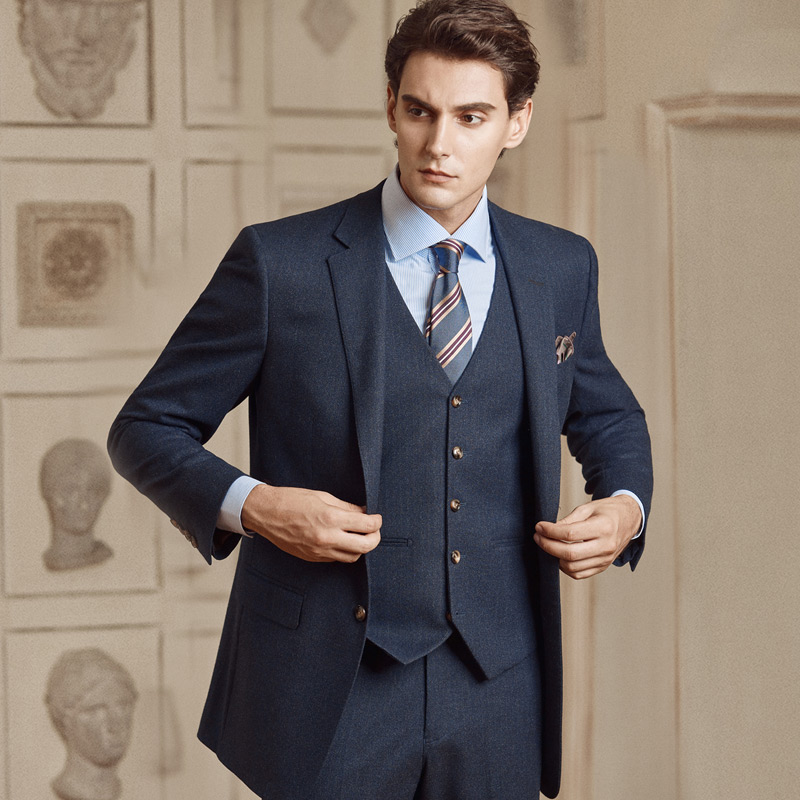 蓝色隐条修身西服冬季仿毛商务结婚职业套装西装婚礼英伦排扣