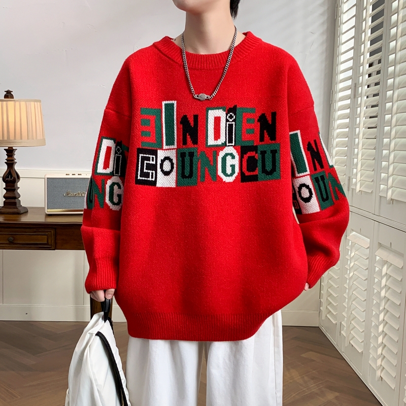 秋冬新款青少年潮牌休闲毛衣打底男士圣诞风圆领百搭长袖针织上衣