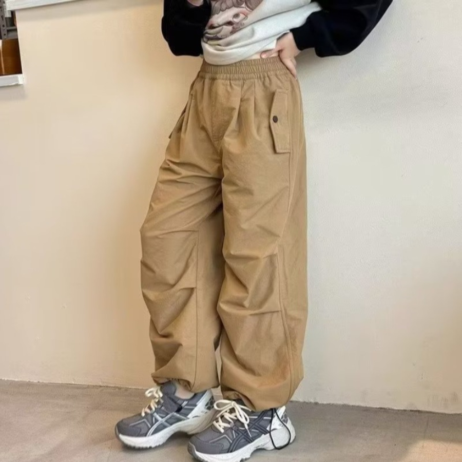 女童裤子2024秋季新款中大童宽松直筒工装裤复古阔腿纯色抽绳卡其