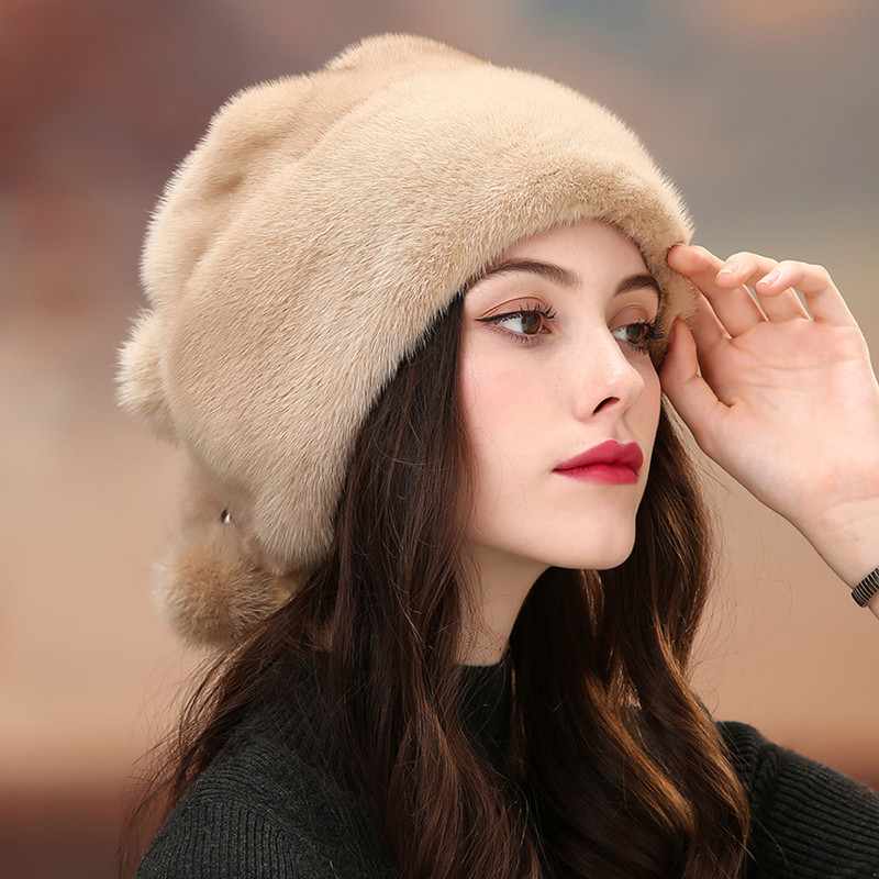 嫒羽冬季新款貂毛帽子女水貂整貂皮圣诞帽韩版护耳皮草软体女帽