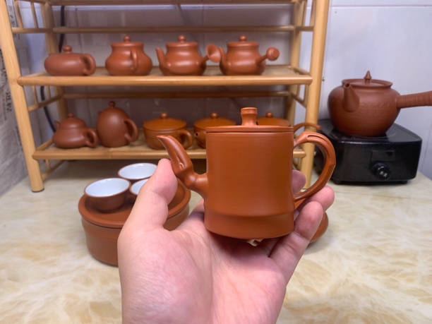 潮州筋纹红泥手拉壶原矿朱泥新款直筒身竹节壶（120毫升）茶壶茶具