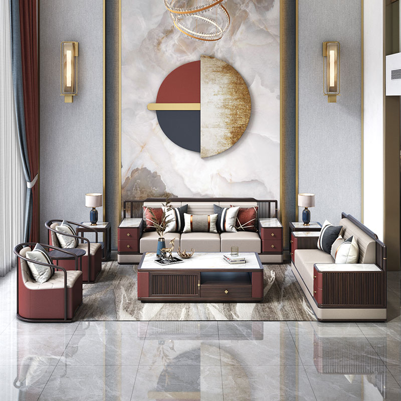 【疏岳】新中式乌金木沙发组合现代别墅大户型轻奢全实木真皮家具