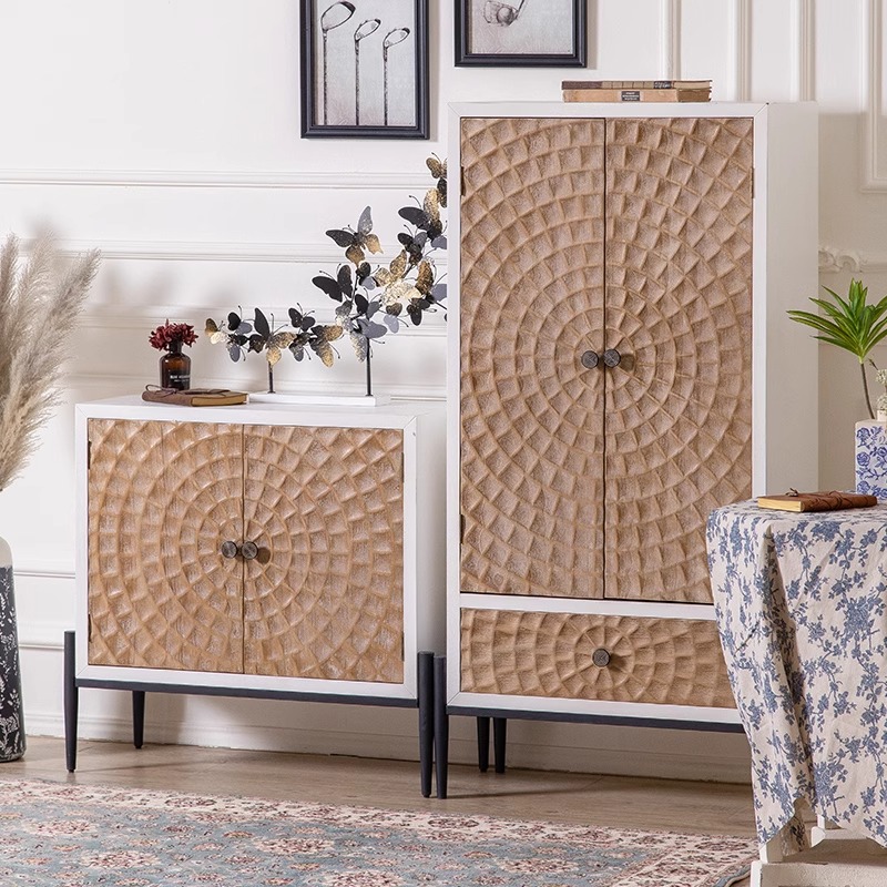 美式乡村床头柜复古实木雕花小柜子简易卧室小型收纳柜家用储物柜