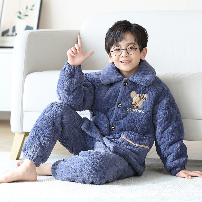 男童睡衣冬季加厚加绒儿童家居服中大童男孩夹棉法兰绒棉袄居家服