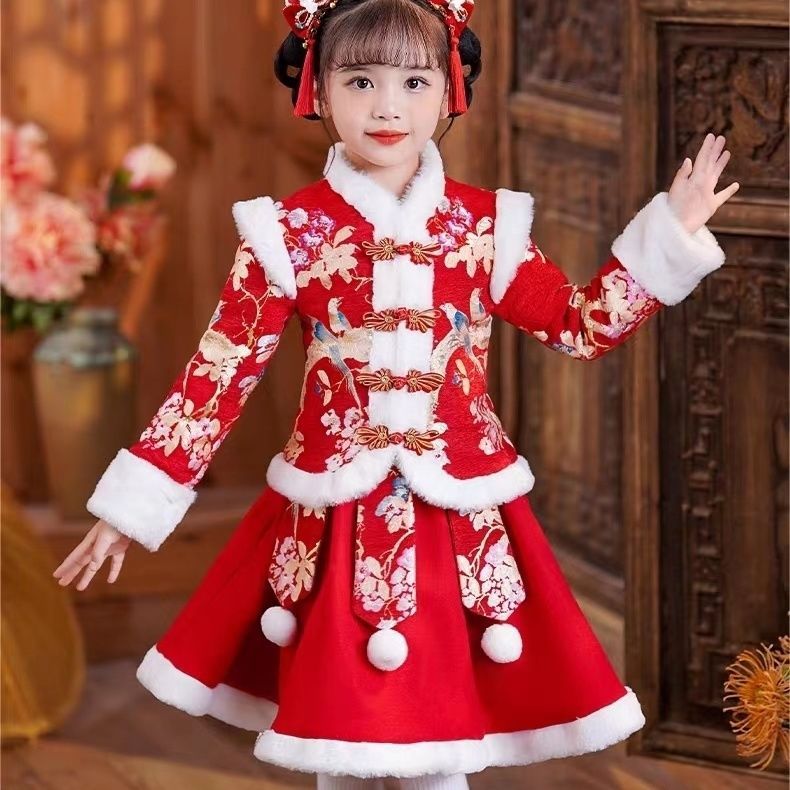 【新疆包邮】儿童拜年服女童唐装汉服改良裙子宝宝加厚冬装中国风