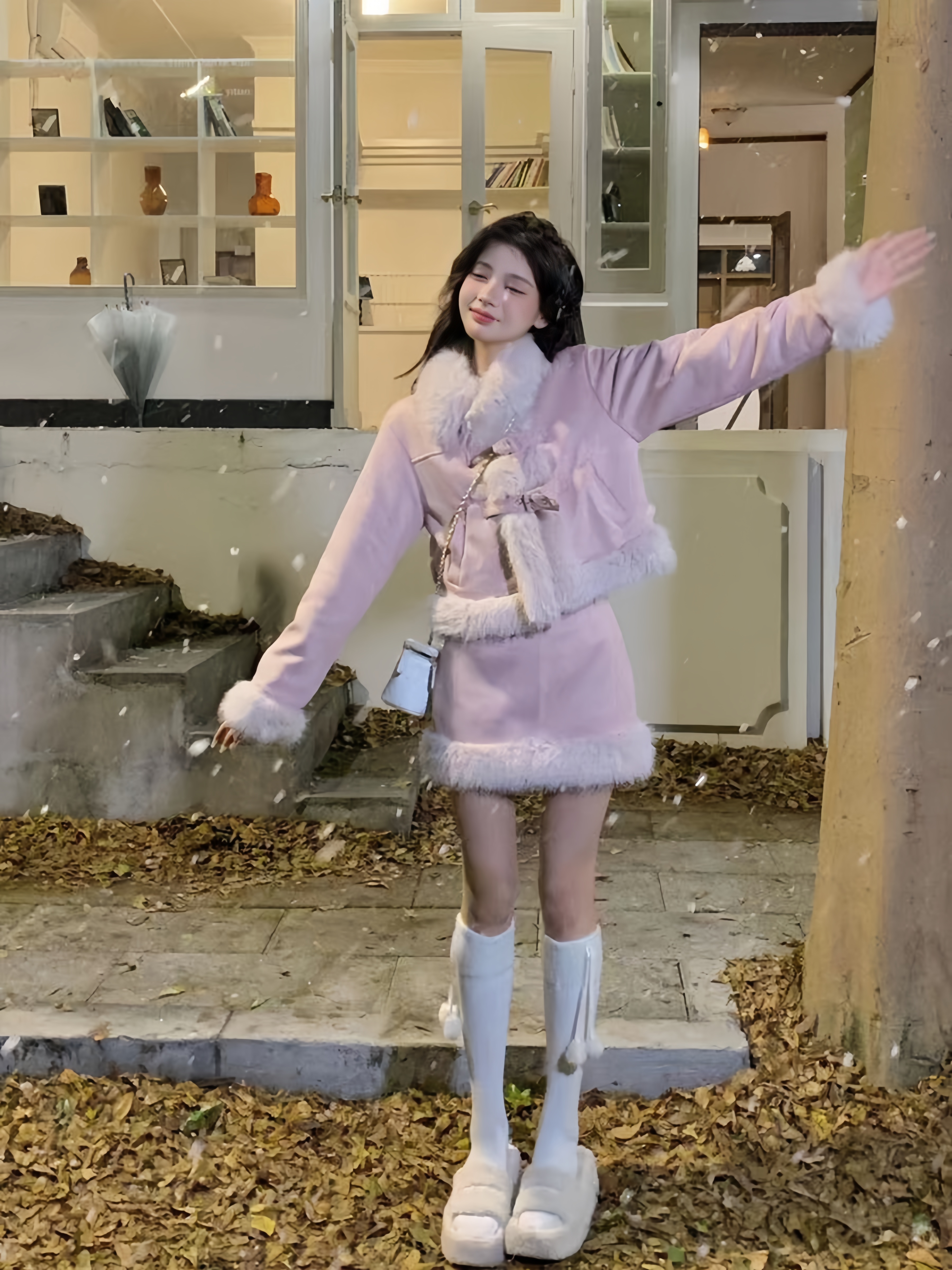 ’美拉德法式套装女绒拼接长袖外套骑行秋冬包臀裙短裙两件套