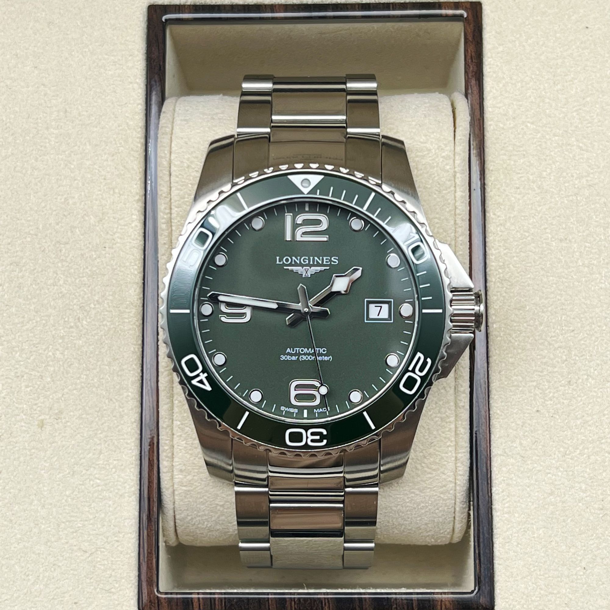 99新 Longines/浪琴 绿盘精钢41表径23年全套男士运动腕表