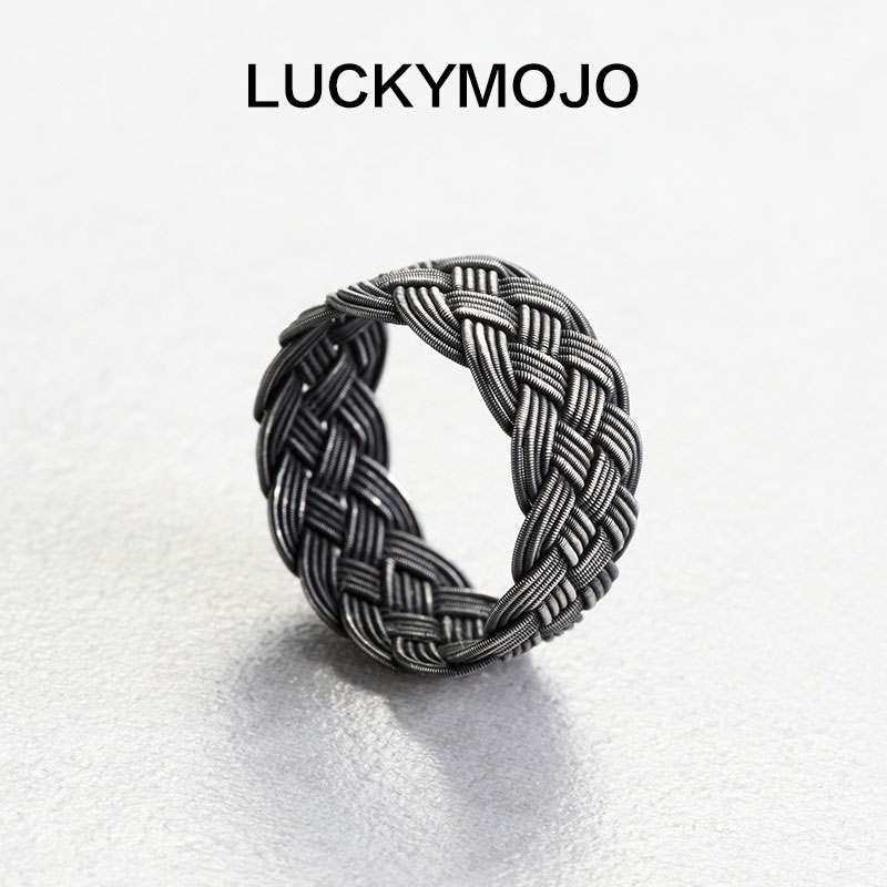 LUCKYMOJO 足银戒指 复古手工编织情侣戒指男戒纯银简约食指戒女