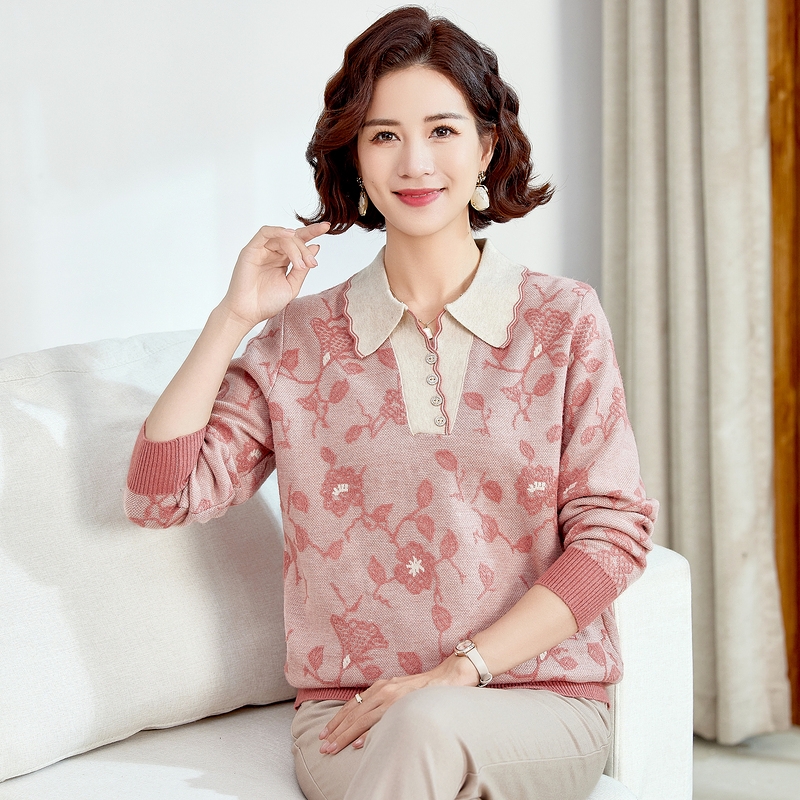 中老年女装时尚洋气减龄针织衫春秋款弹力妈妈装翻领长袖宽松上衣