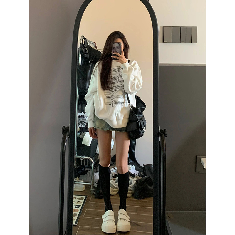 圆领白色卫衣女长袖春秋薄款美式复古重磅慵懒风无帽时尚上衣外套