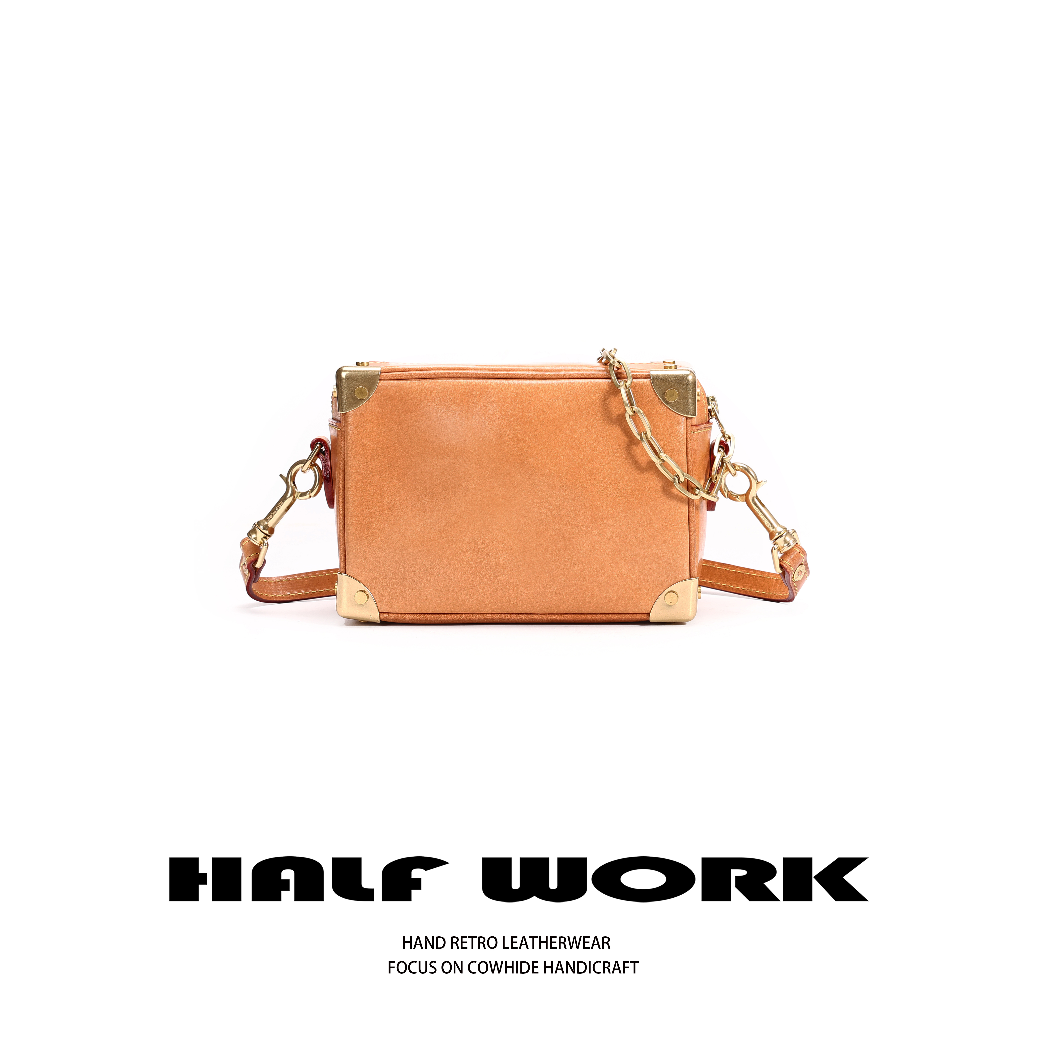 HALF WORK/伴工头层牛皮真皮原色复古斜挎包链条百宝箱KB-2633