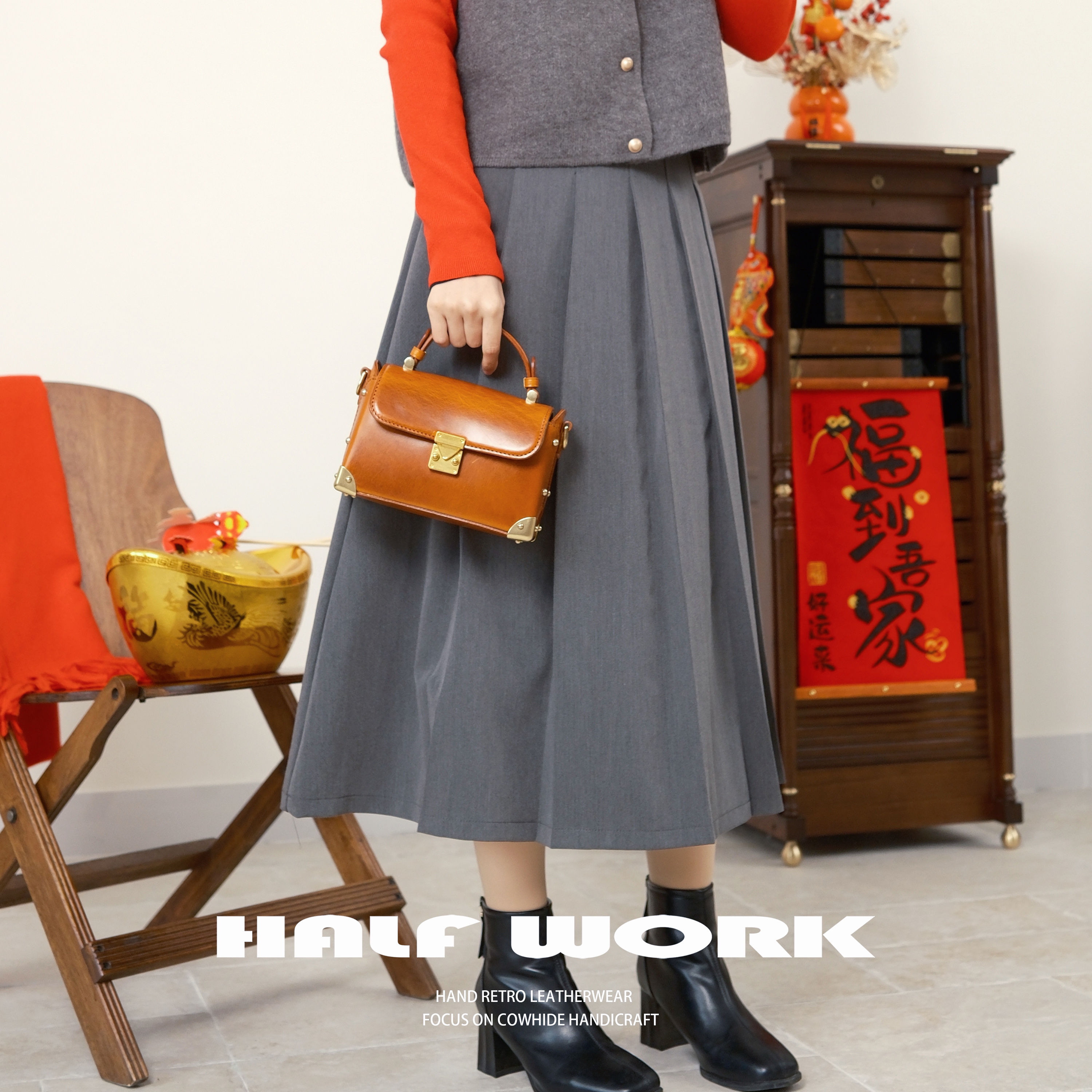 HALF WORK/伴工 头层牛皮斜挎包 手提百宝箱KB-2801