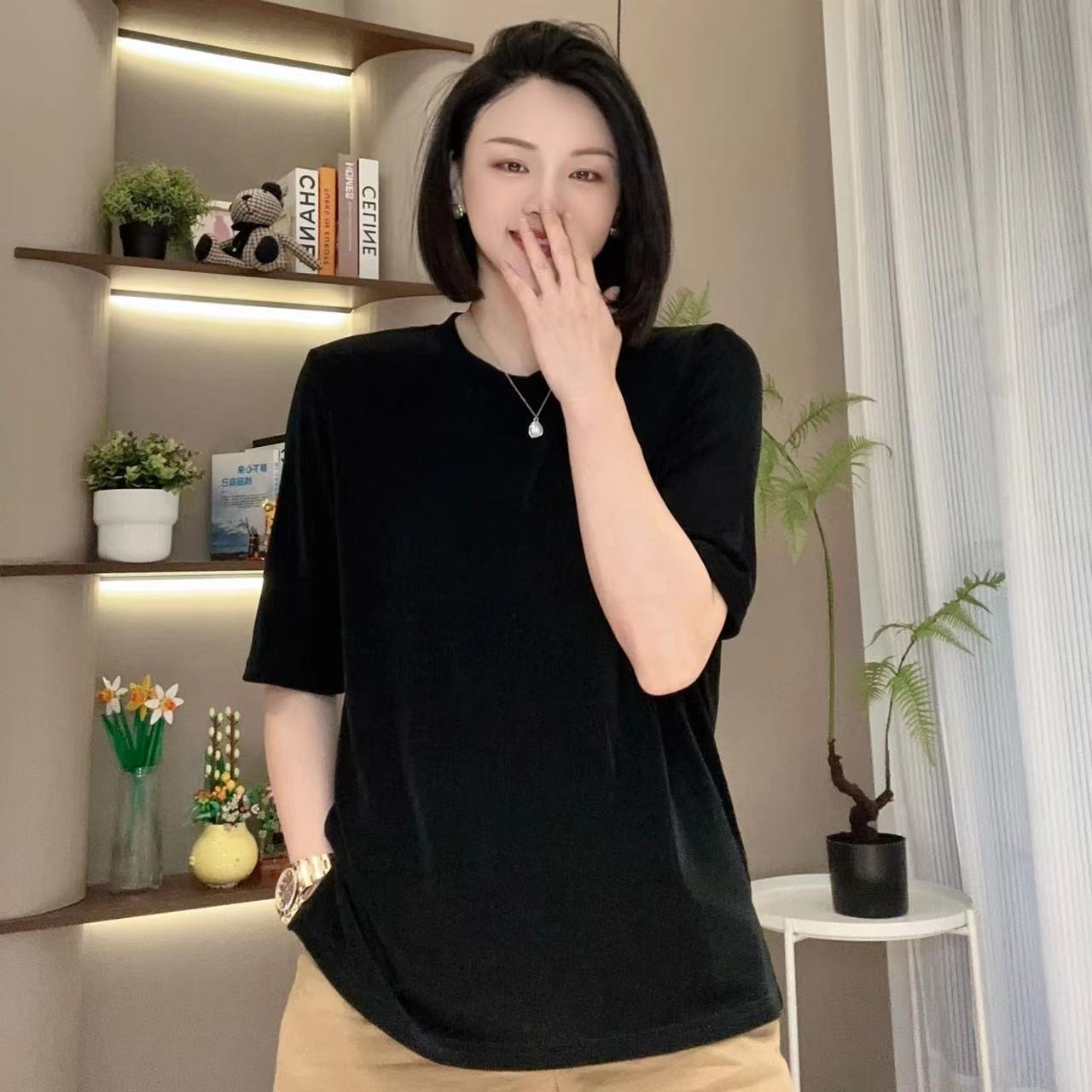 夏季午夜罗兰醋酸亲肤垂感休闲宽松T恤4-4-13