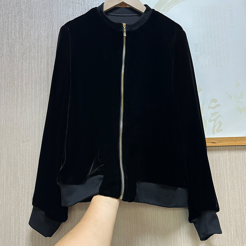 棒球服~100桑蚕丝丝绒外套女时尚百搭拉链真丝绒长袖